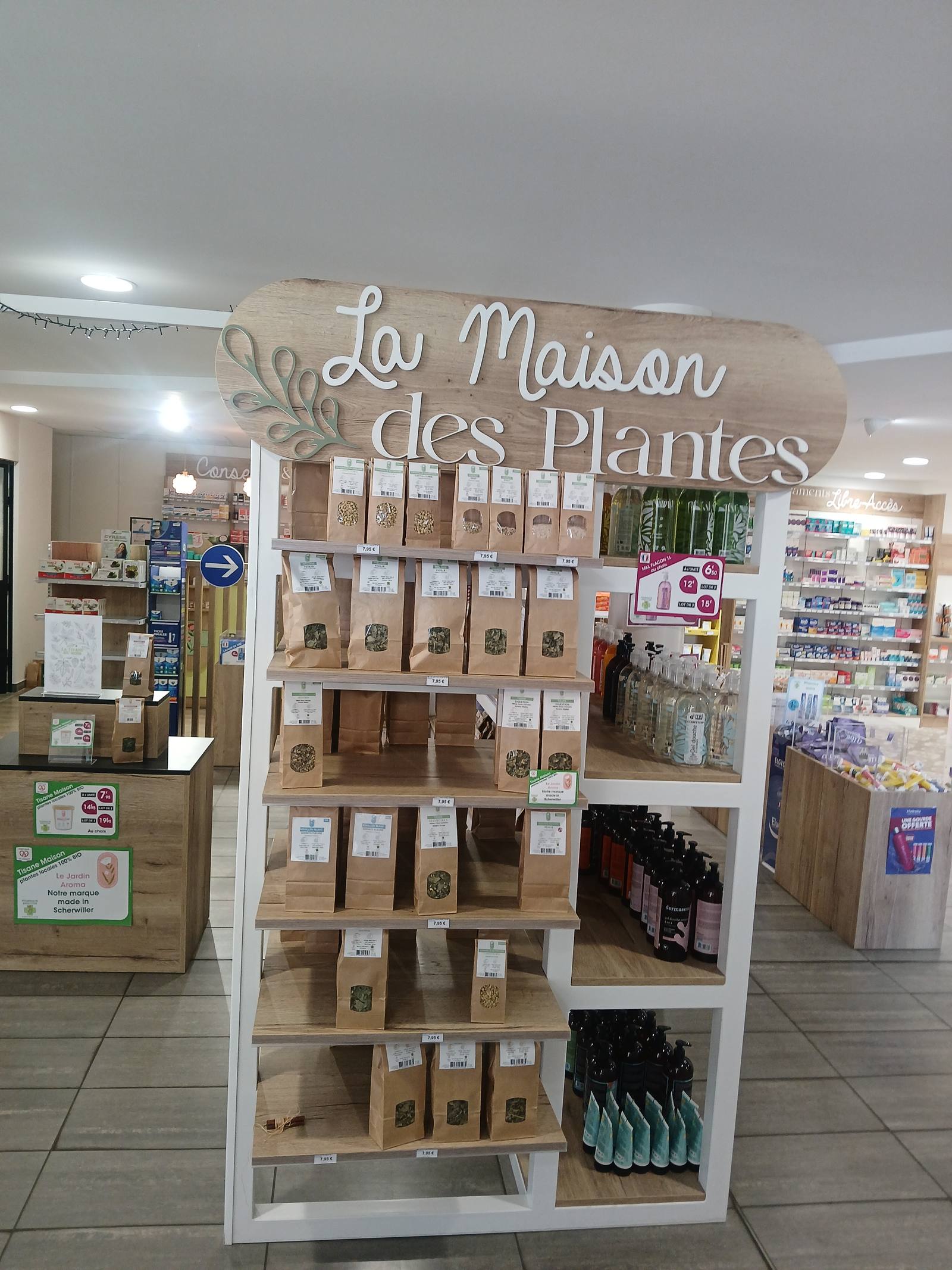 Rayonnage de bocaux de plantes médicinales de la pharmacie-herboristerie